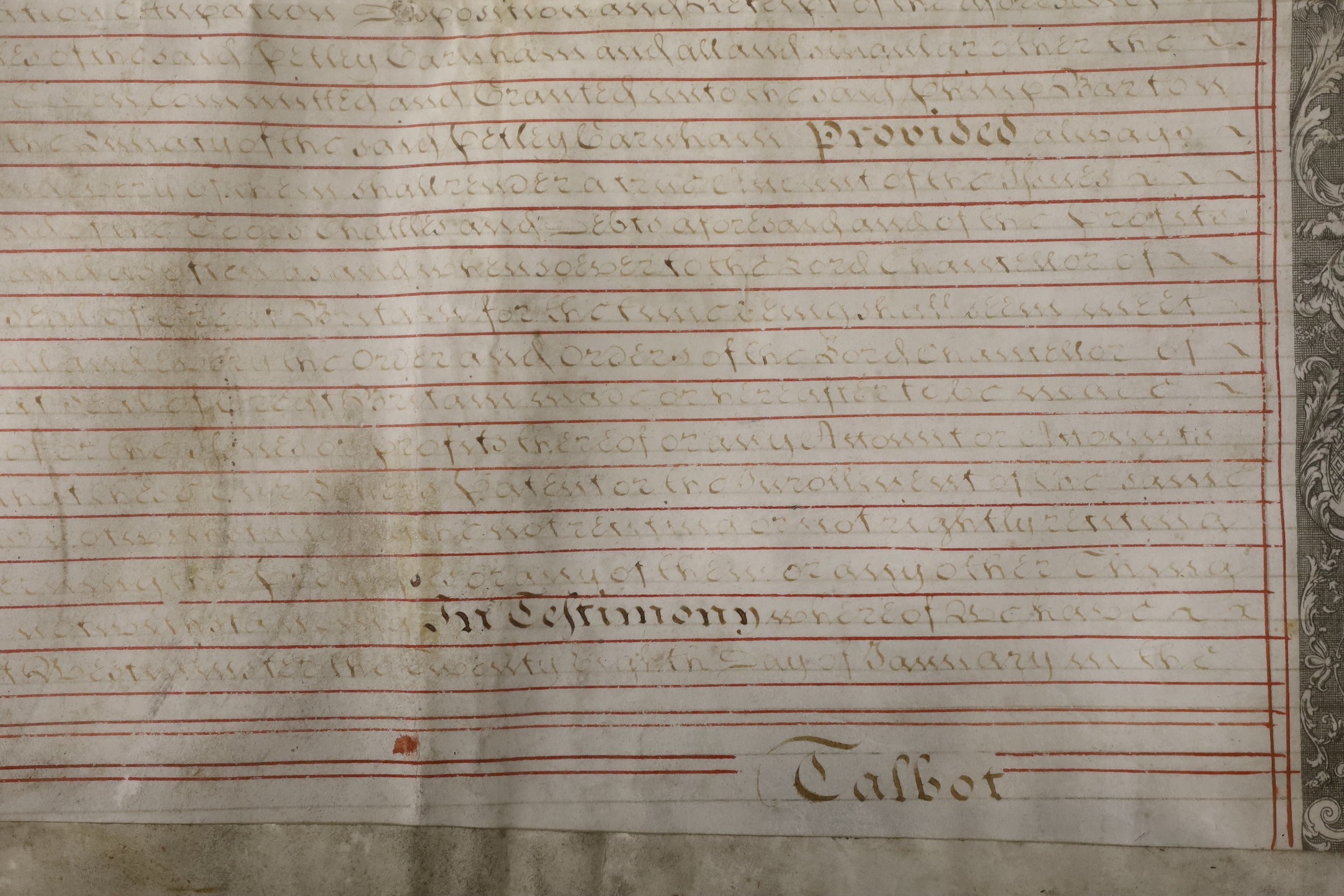A George II Grant by letters patent of the estate of Petley Garnham of Chieveley in Berkshire, a lunatic; 28 Jan 1746, with wax great seal, 82cms wide x 68cms high